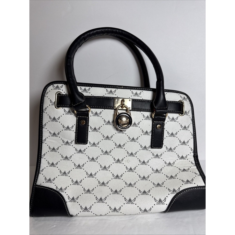 Wendy Keen One Size Satchel Black White Hand Bag Purse Zipper Close 14x12in